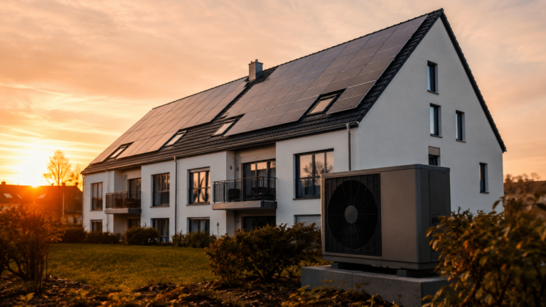 Modernes Mehrfamilienhaus mit Photovoltaik-Anlage auf dem Dach und Wärmepumpe im Vordergrund bei Sonnenuntergang – BEG-Wärmepumpenförderung 2026